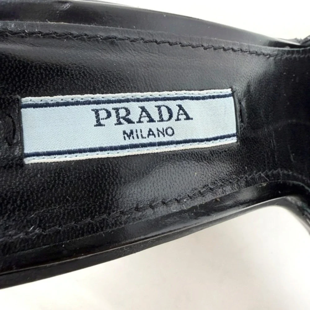Prada Black Wedge Sandals‎ T Strap Leather Heels 37.5